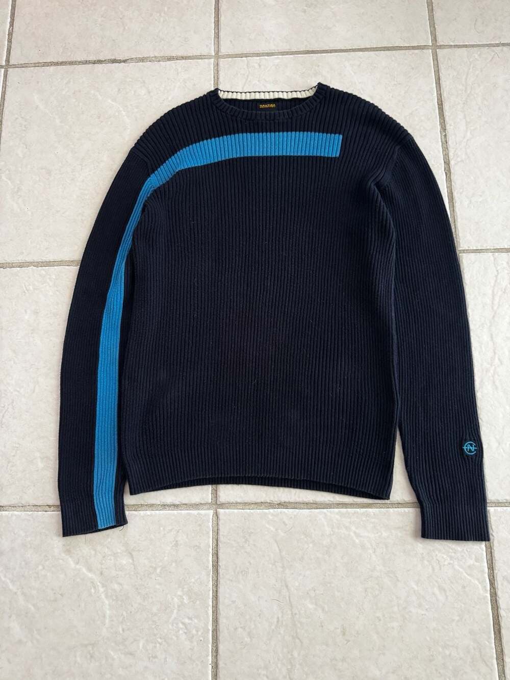 Nautica Competition Vintage Ribbed Crew Neck Sweater Navy and Blue